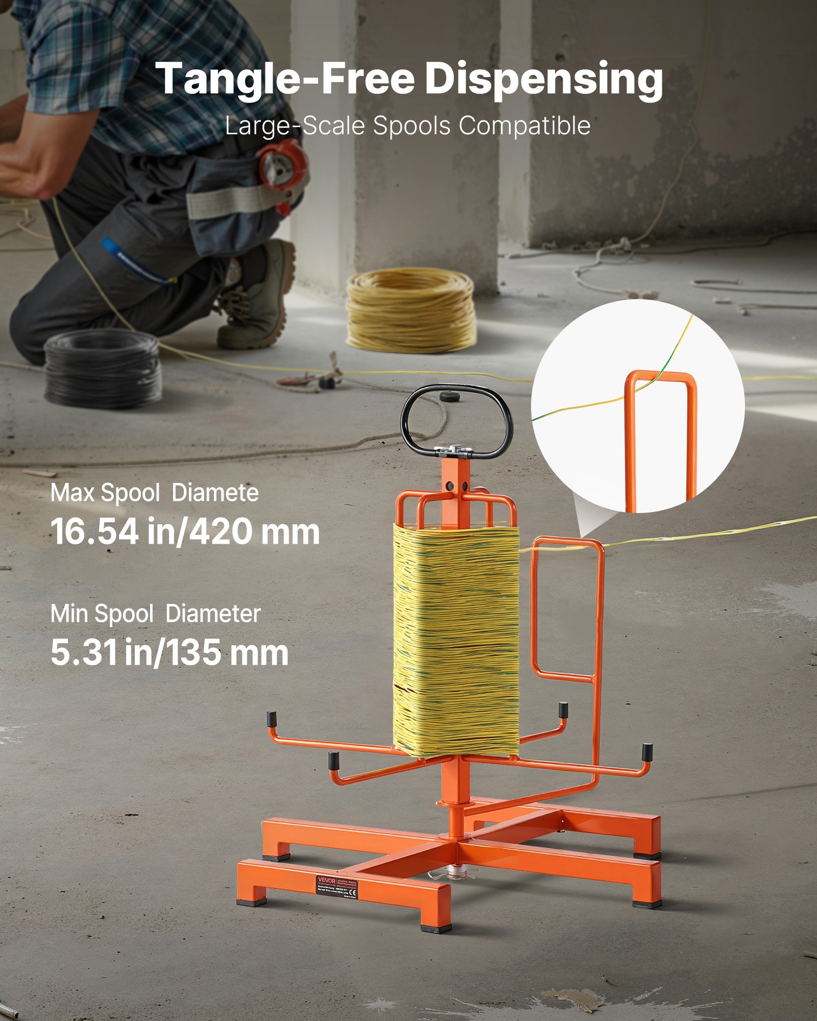 VEVOR Draadspoelhouder, vloer- of wandmontage (45/22,7 kg), kabelspoeldispenser, draagbare draadspoel met handvat, draaibaar oog, voor kabeltransport onder verschillende omstandigheden