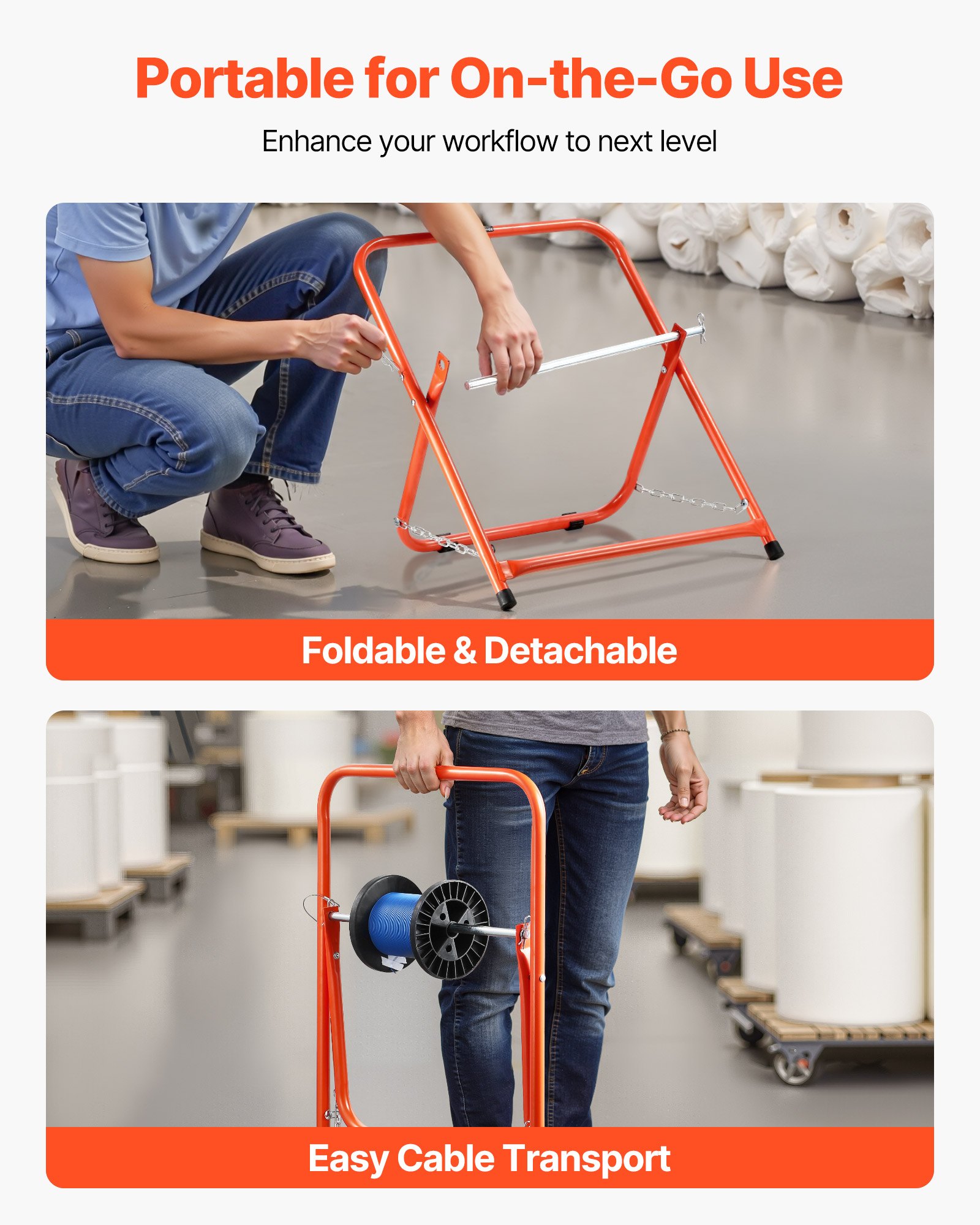 VEVOR Draadspoelhouder, stalen frame, opvouwbare kabeldispenser, draagvermogen 45 kg, draagbare draaddispenser voor het opbergen van spoelen met een diameter van 50 cm onder verschillende omstandigheden