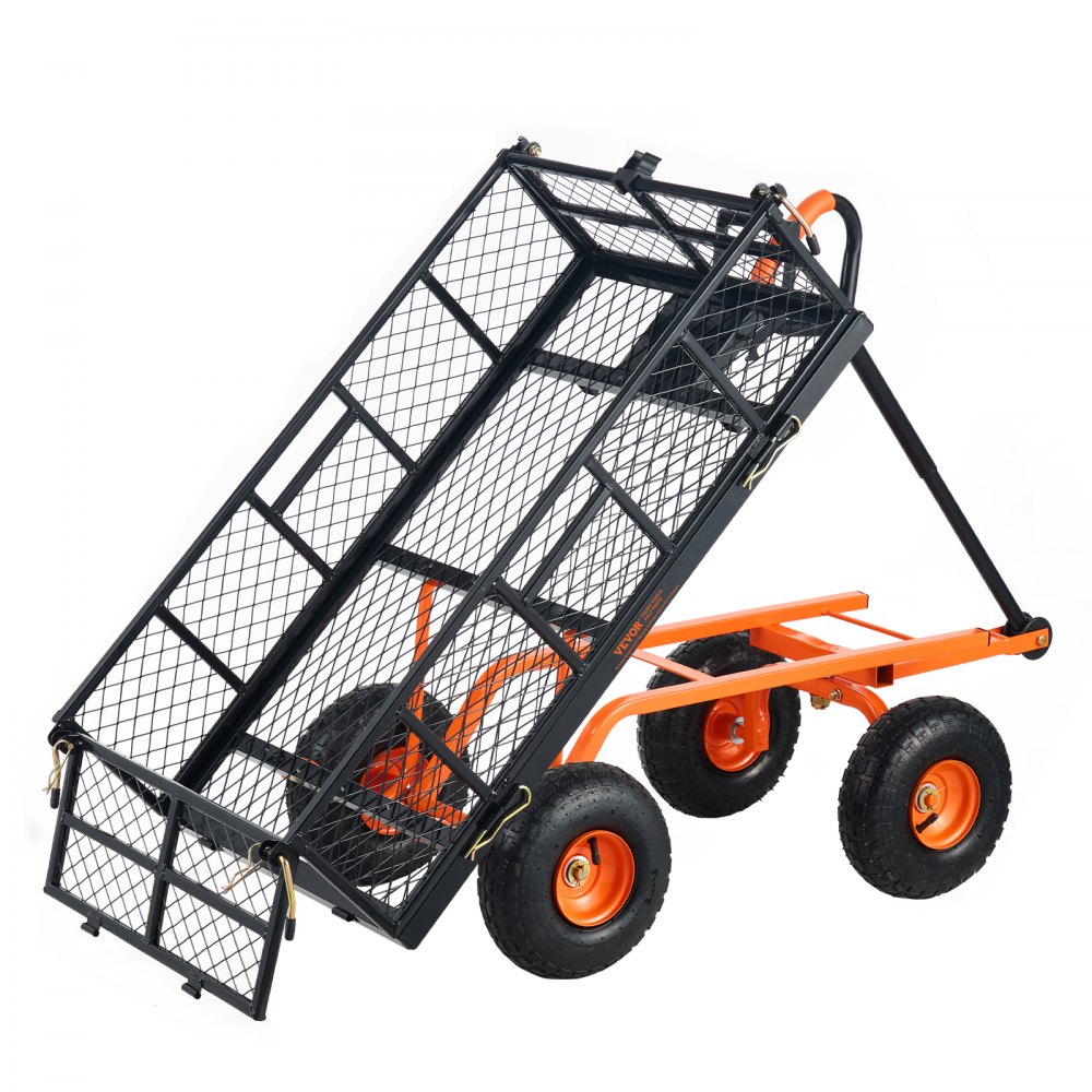 VEVOR dump cart with black mesh bed tipped, orange frame, and large heavy-duty tires.