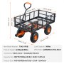 VEVOR-kiepwagen met gaaswanden, oranje wielen en ergonomische handgreep. Afmetingen en specificaties worden verstrekt.