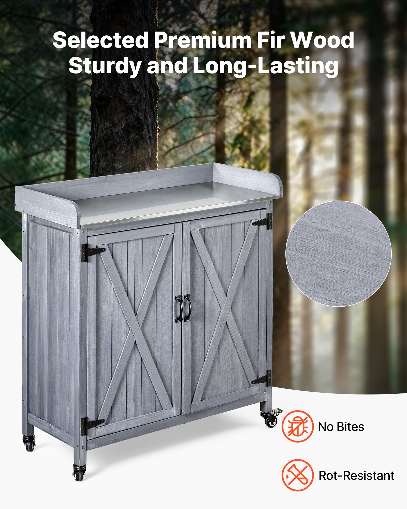 VEVOR Potting Bench Table, Outdoor Gardening Wooden Storage Cabinet with 91.5 x 40.5 cm Galvanized Iron Tabletop, Garden Workstation with Large Storage Space, 4 Casters for Patio, Backyard, Gray