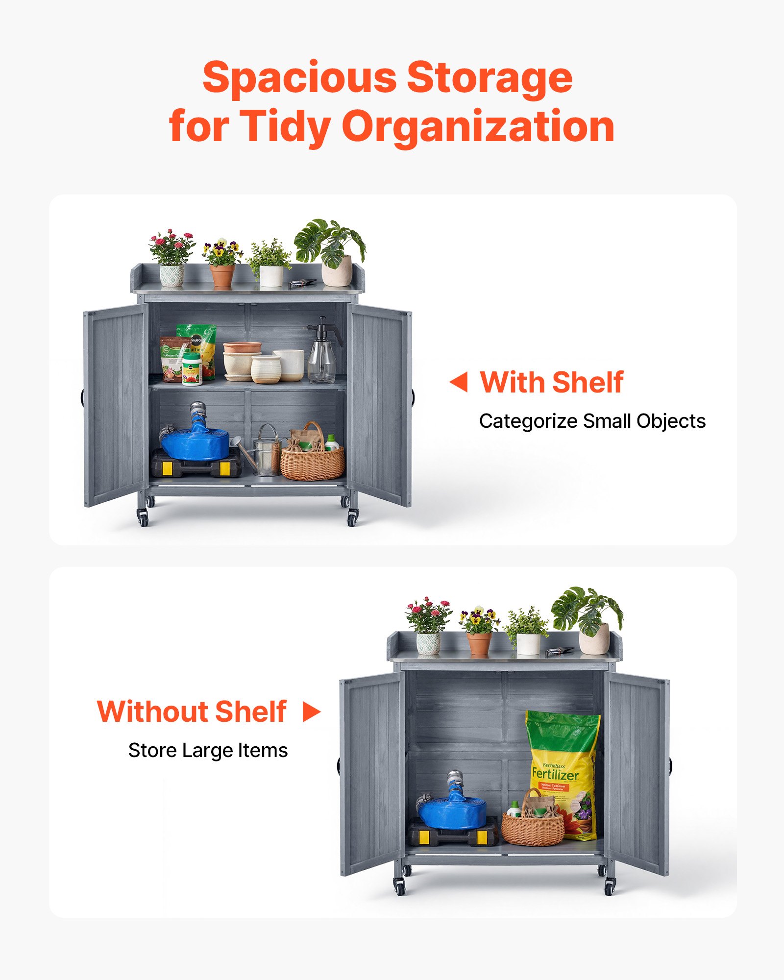 VEVOR Potting Bench Table, Outdoor Gardening Wooden Storage Cabinet with 91.5 x 40.5 cm Galvanized Iron Tabletop, Garden Workstation with Large Storage Space, 4 Casters for Patio, Backyard, Gray