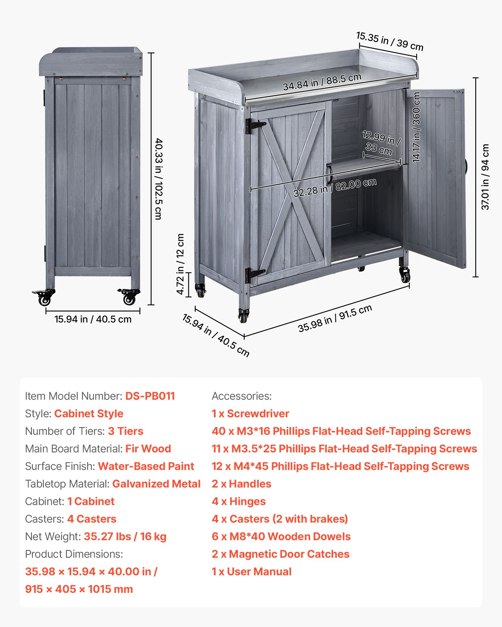 VEVOR Potting Bench Table, Outdoor Gardening Wooden Storage Cabinet with 91.5 x 40.5 cm Galvanized Iron Tabletop, Garden Workstation with Large Storage Space, 4 Casters for Patio, Backyard, Gray