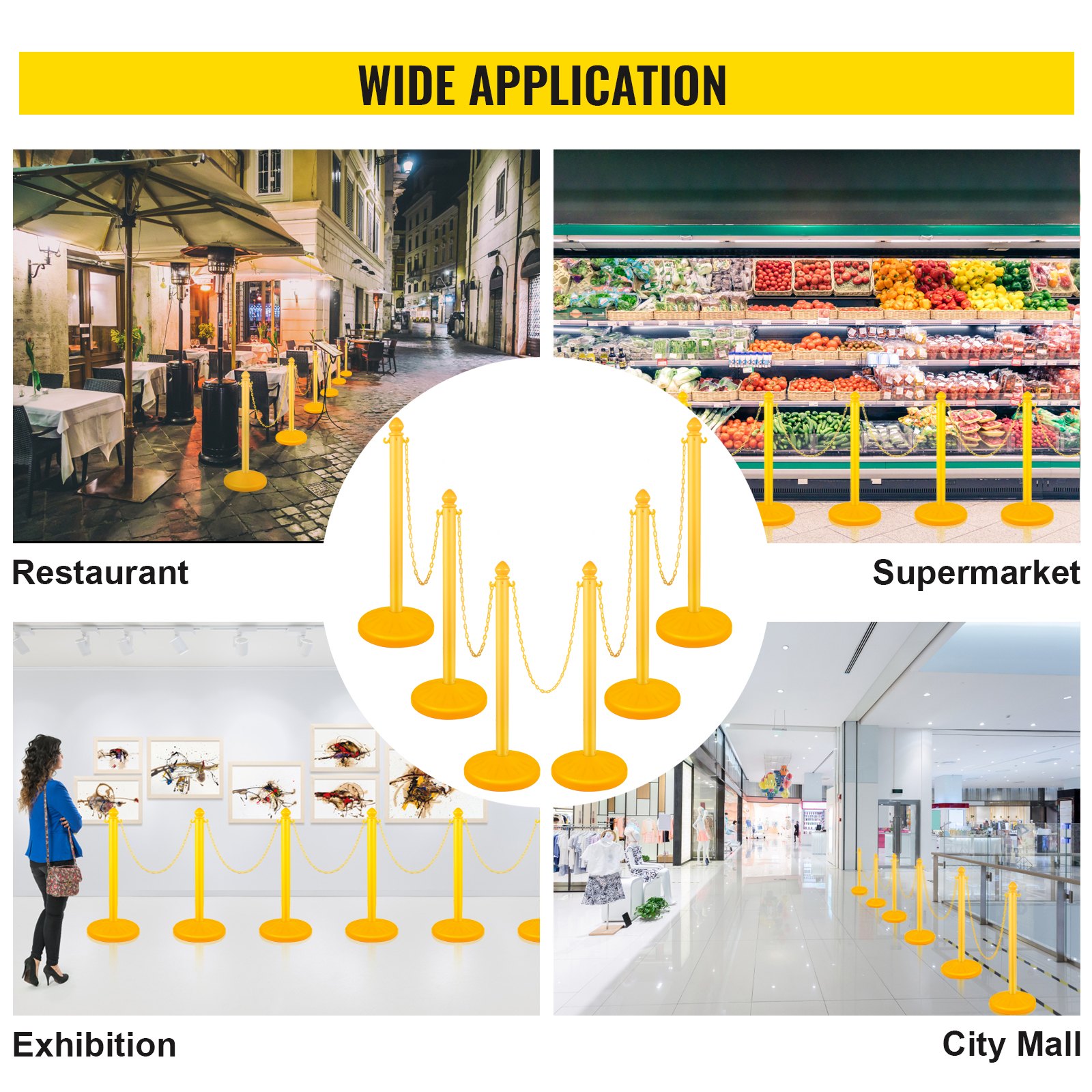 VEVOR Waarschuwingskolom 6 Stuks met 1 m Ketting Waarschuwingskegel Duurzaam Geel Premium PE-Kunststof 99x35 cm Eenvoudige Montage voor Binnen Buiten Stadswinkelcentrum Markt Tentoonstelling Hotel