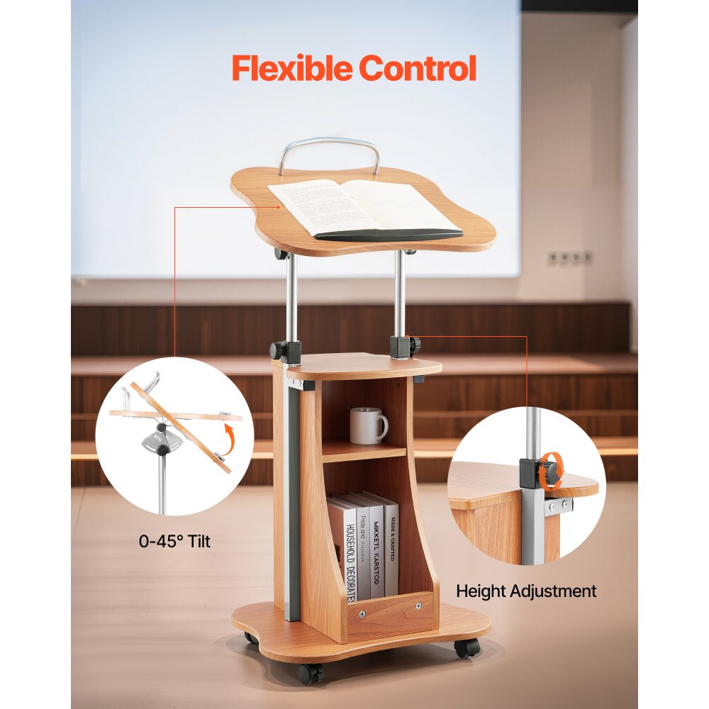 VEVOR Podium Stand, 43-Inch Wooden Lectern, Portable Laptop Desk with Lockable Wheels, Wide Reading Surface and Open Storage Area, Adjustable Height and Angle, for Speeches, Lectures, or Presentations