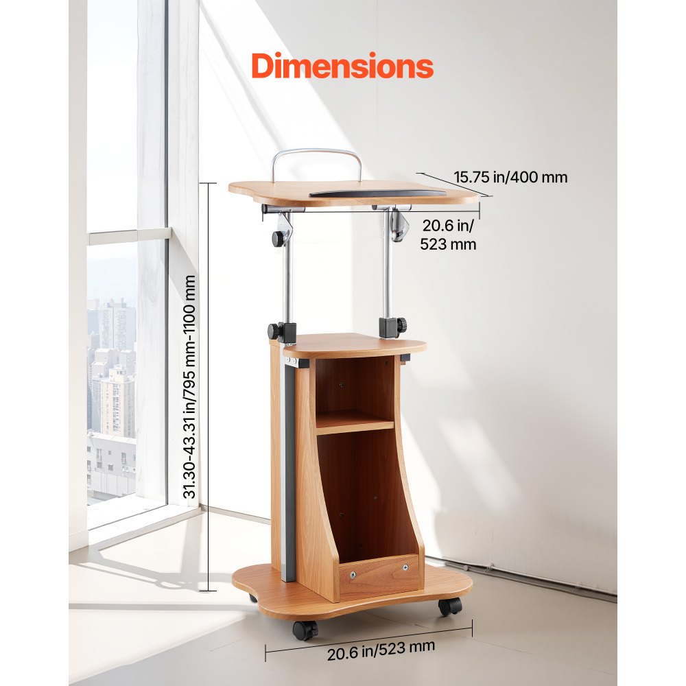 VEVOR Podium Stand, 43-Inch Wooden Lectern, Portable Laptop Desk with Lockable Wheels, Wide Reading Surface and Open Storage Area, Adjustable Height and Angle, for Speeches, Lectures, or Presentations