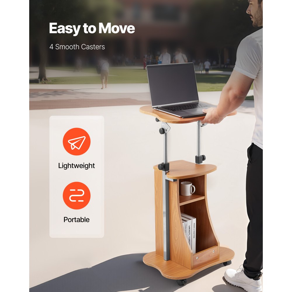 VEVOR Podium Stand, 43-Inch Wooden Lectern, Portable Laptop Desk with Lockable Wheels, Wide Reading Surface and Open Storage Area, Adjustable Height and Angle, for Speeches, Lectures, or Presentations