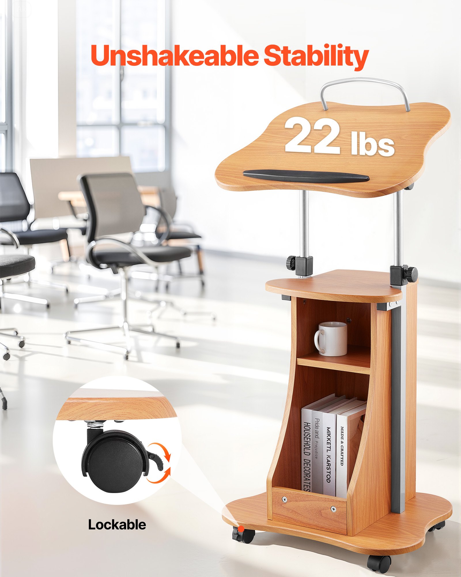 VEVOR Podium Stand, 43-Inch Wooden Lectern, Portable Laptop Desk with Lockable Wheels, Wide Reading Surface and Open Storage Area, Adjustable Height and Angle, for Speeches, Lectures, or Presentations