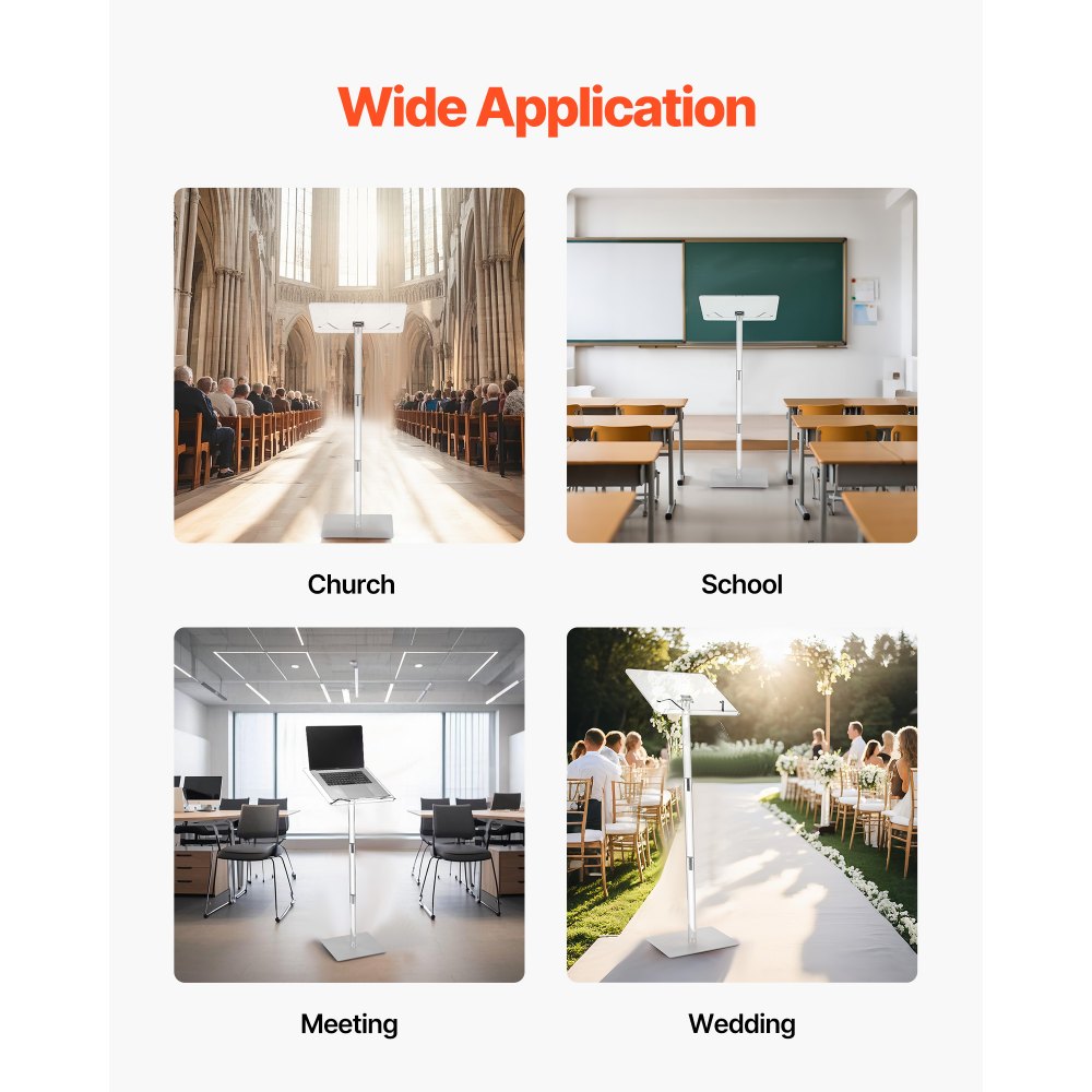 VEVOR Podium Stand, 43-Inch Acrylic Lectern, Portable Laptop Desk with Wide Reading Surface, Book Clips, Adjustable Angle, Floor-Standing, for Classroom, Wedding, Conference, Lecture and Concert