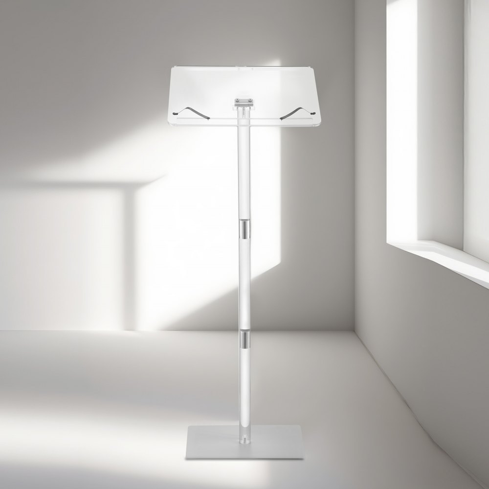 VEVOR Podium Stand, 43-Inch Acrylic Lectern, Portable Laptop Desk with Wide Reading Surface, Book Clips, Adjustable Angle, Floor-Standing, for Classroom, Wedding, Conference, Lecture and Concert