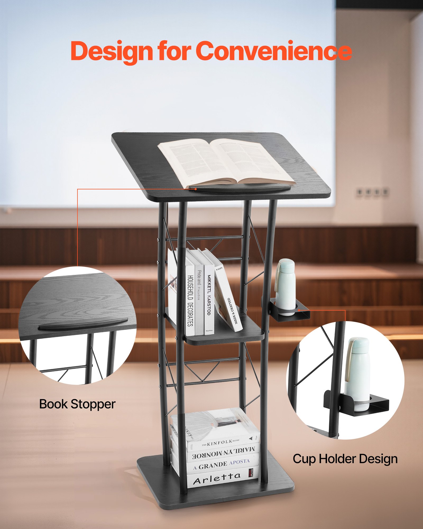 VEVOR Podium Stand, 47-Inch Metal Lectern, Curved Standing Podium with Wide Reading Surface, Open Storage Compartment, Book Stopper, Cup Holder, for Classroom, Wedding, Conference, Speech, and Concert