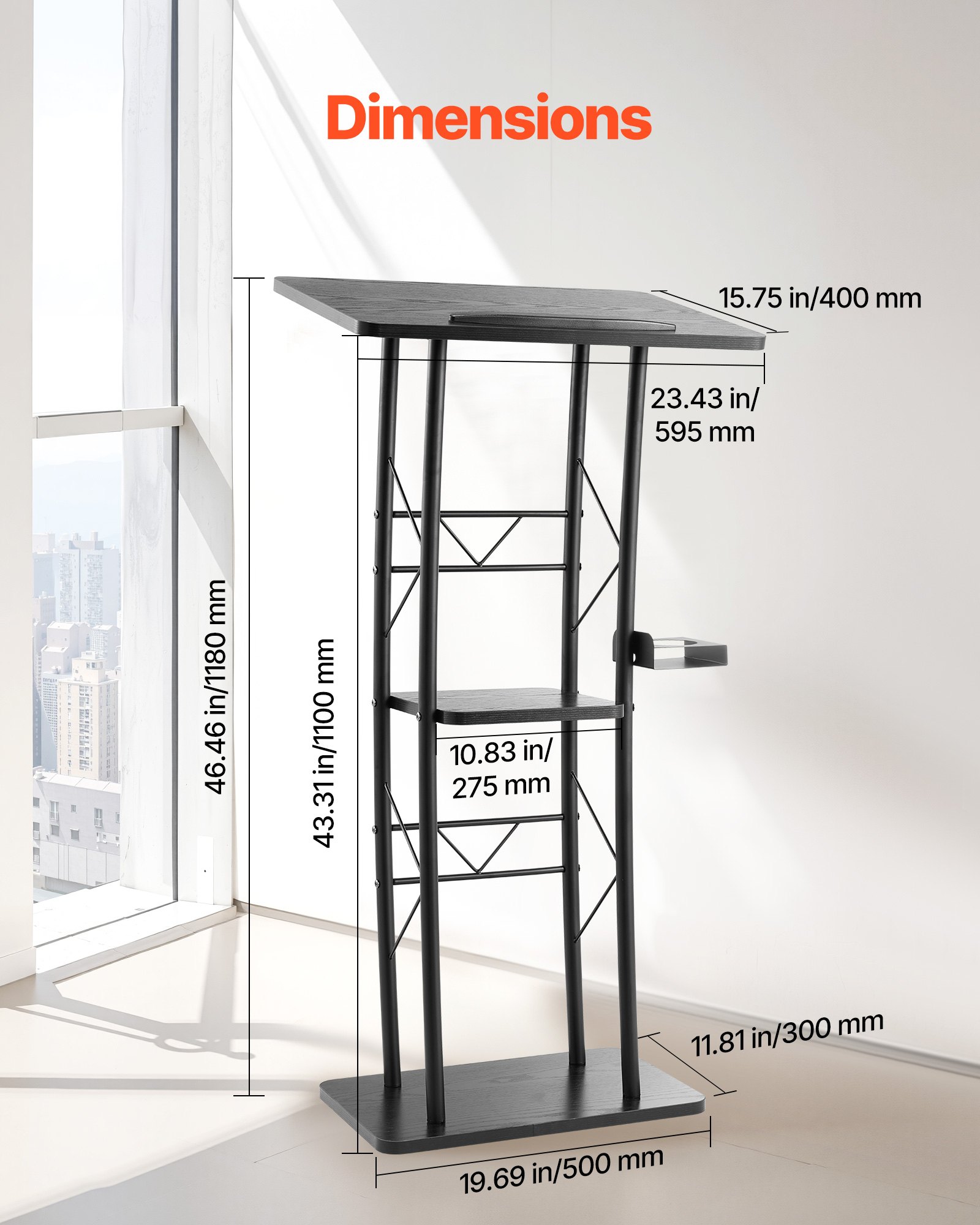 VEVOR Podium Stand, 47-Inch Metal Lectern, Curved Standing Podium with Wide Reading Surface, Open Storage Compartment, Book Stopper, Cup Holder, for Classroom, Wedding, Conference, Speech, and Concert