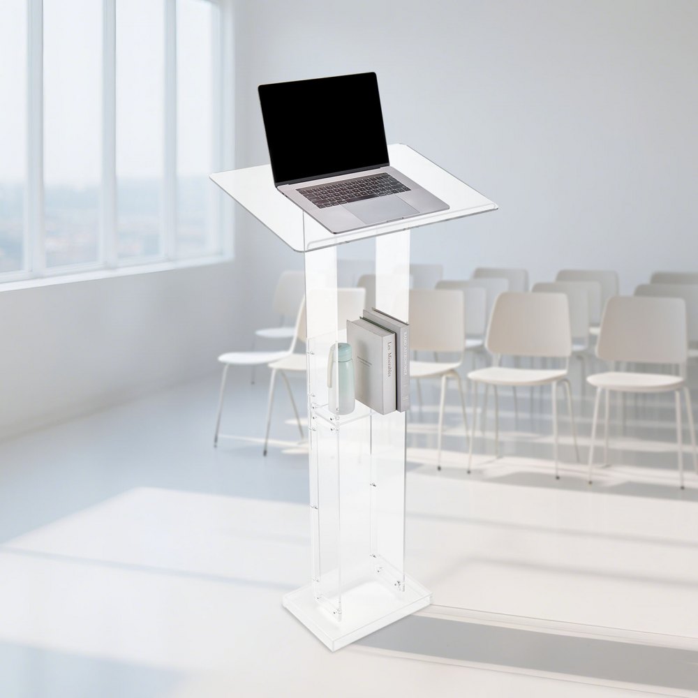 VEVOR Podium Stand, 50-Inch Acrylic Lectern, Portable Laptop Desk with Wide Reading Surface and Storage Shelf, Book Stopper, Floor-Standing, for Classroom, Wedding, Conference, Lecture and Concert
