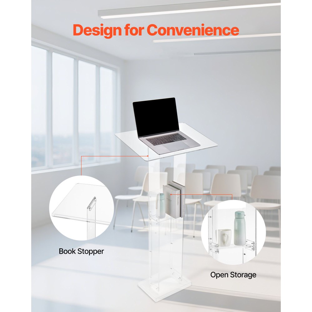 VEVOR Podium Stand Lectern (1265 mm) van acryl, draagbaar laptopbureau met breed leesoppervlak en opbergruimte en boekenstopper, staand, voor klaslokalen, bruiloften, conferenties