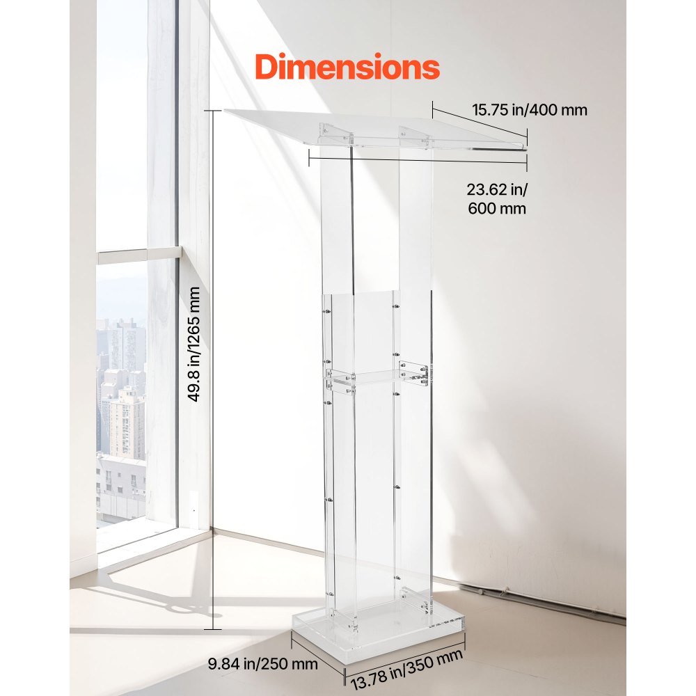 VEVOR Podium Stand Lectern (1265 mm) van acryl, draagbaar laptopbureau met breed leesoppervlak en opbergruimte en boekenstopper, staand, voor klaslokalen, bruiloften, conferenties
