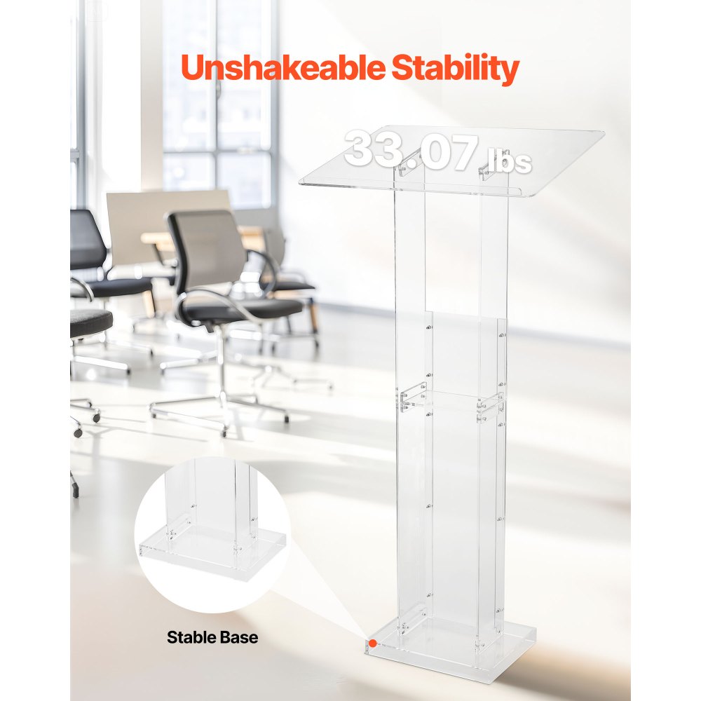 VEVOR Podium Stand Lectern (1265 mm) van acryl, draagbaar laptopbureau met breed leesoppervlak en opbergruimte en boekenstopper, staand, voor klaslokalen, bruiloften, conferenties