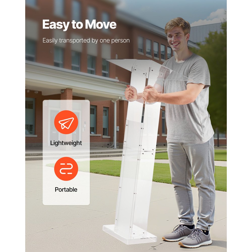 VEVOR Podium Stand Lectern (1265 mm) van acryl, draagbaar laptopbureau met breed leesoppervlak en opbergruimte en boekenstopper, staand, voor klaslokalen, bruiloften, conferenties