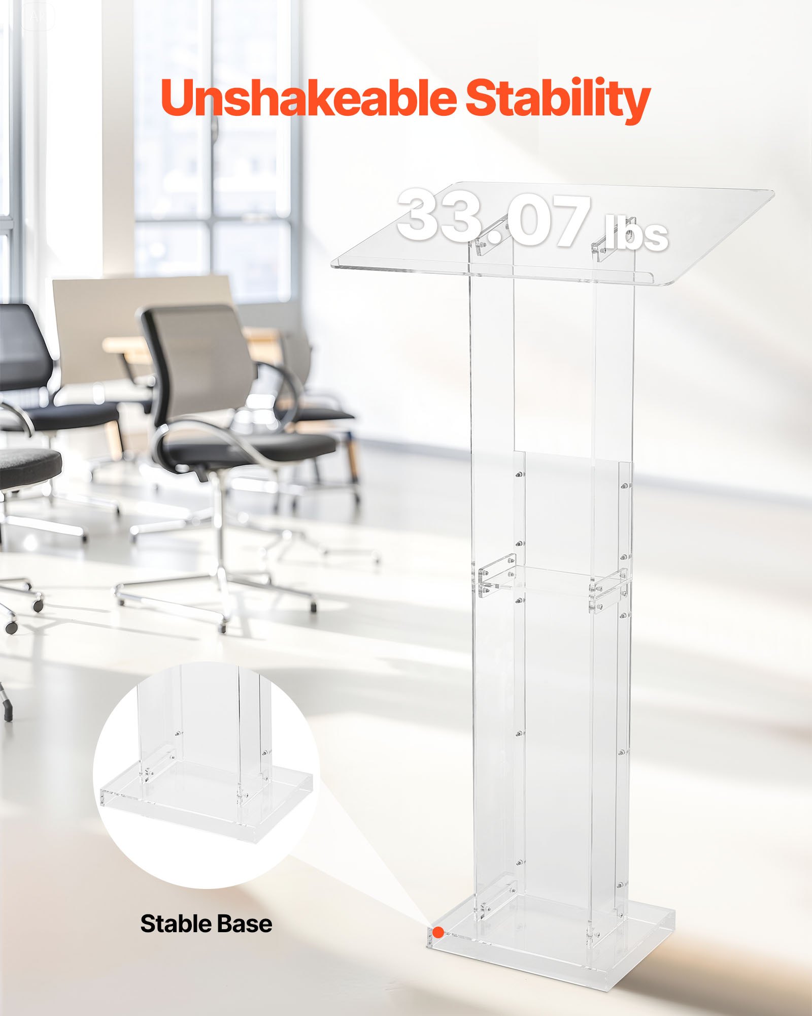 VEVOR Podium Stand, 50-Inch Acrylic Lectern, Portable Laptop Desk with Wide Reading Surface and Storage Shelf, Book Stopper, Floor-Standing, for Classroom, Wedding, Conference, Lecture and Concert