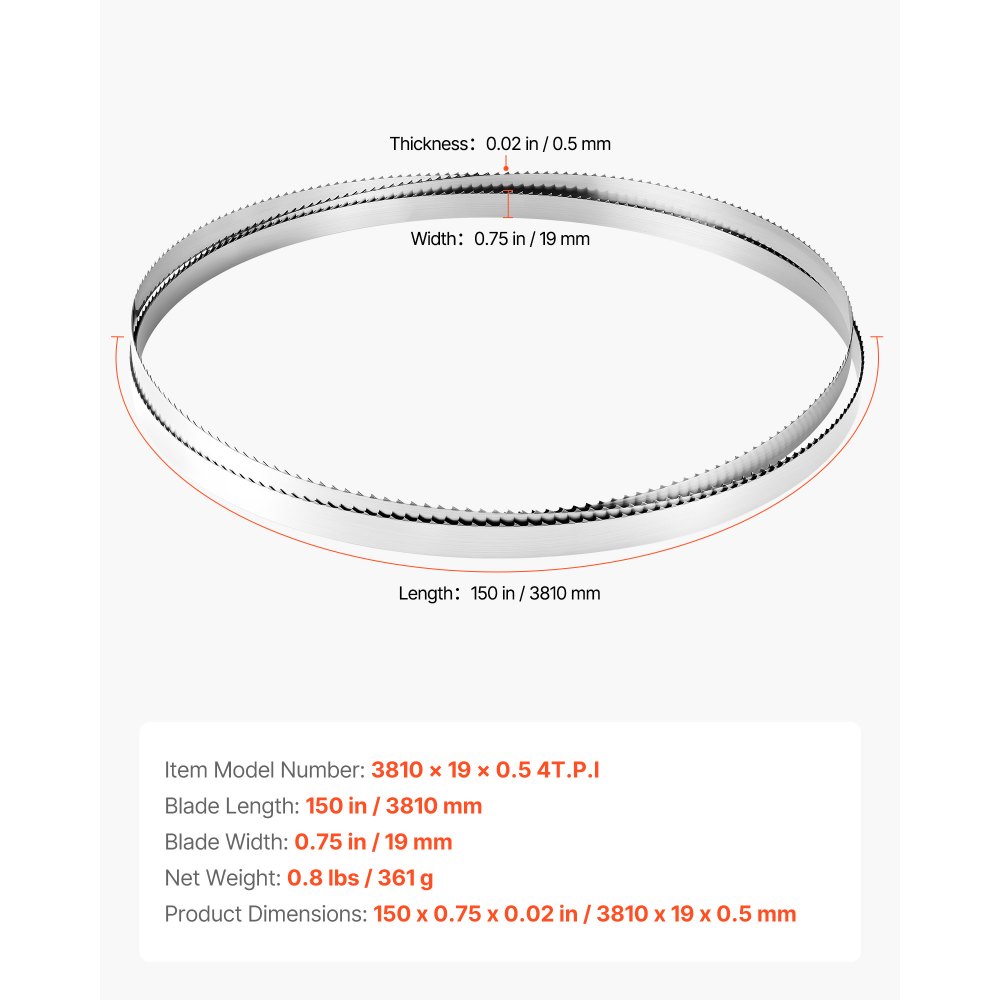 VEVOR lintzaagblad, 3810x19x0,5 mm, 4 TPI, met 18 HRC geharde, scherpe tanden, SK5 hoogwaardig koolstofstaal, 0,75 inch breed, vervanging voor gangbare houtbewerkingslintzagen, 1 set