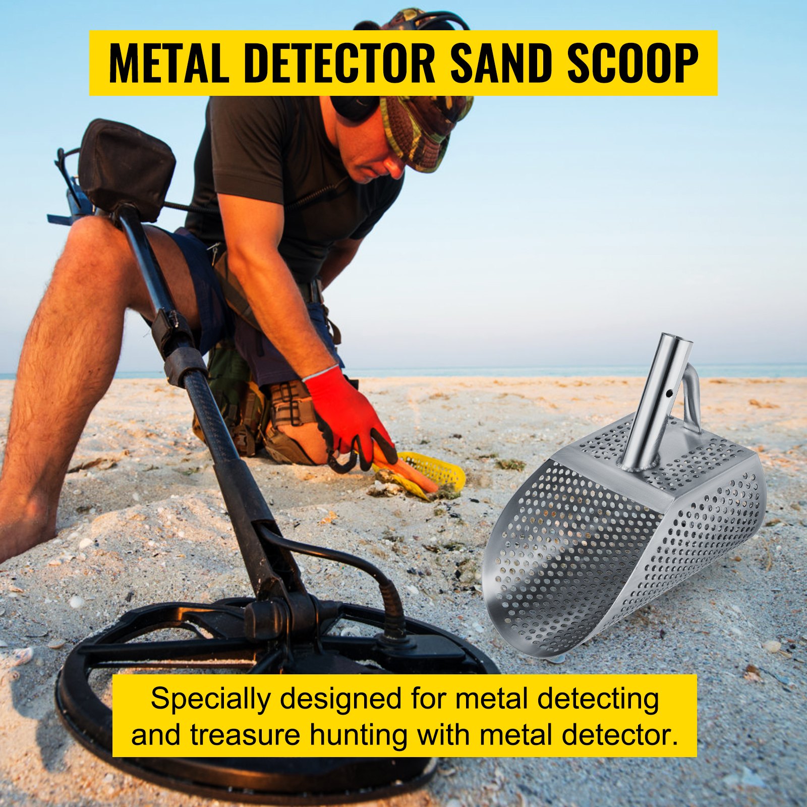 VEVOR Metaaldetector Sand Scoop 13 x 25 cm Beach Sand Scoop Metaaldetector 800 g Metaaldetector Scoop Gemaakt van 2 mm Dikte Roestvrij Staal met 10 mm Rond Gat Geschikt voor het Zoeken naar Schatten