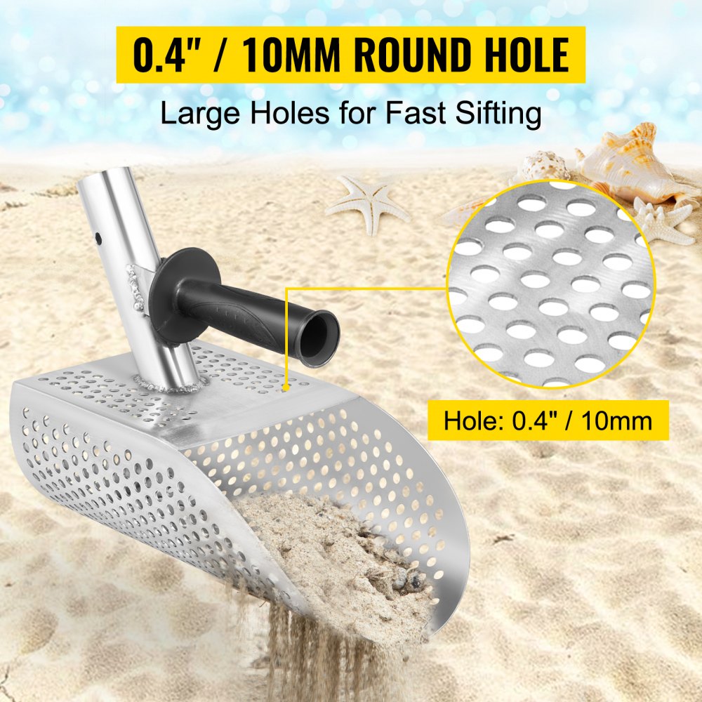 VEVOR Metaaldetector Sand Scoop 1 kg Beach Sand Scoop Metaaldetector 20 x 29 cm Metaaldetector Scoop Gemaakt van 2 mm Roestvrij Staal met 10 mm Diameter Ronde Gaten en Antislipgreep voor Schattenjacht