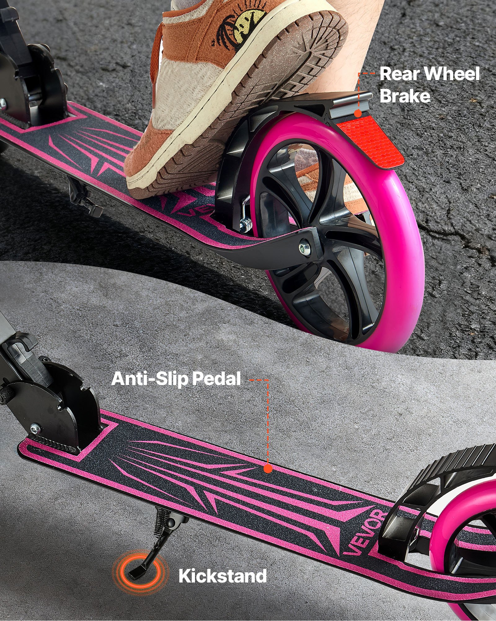 VEVOR Step (2 wielen) voor kinderen vanaf 8 jaar, stadsstep, kinderstep, straatstep met in hoogte verstelbaar stuur, antislip deck en lichtgewicht frame, opvouwbare step tot 100 kg, roze