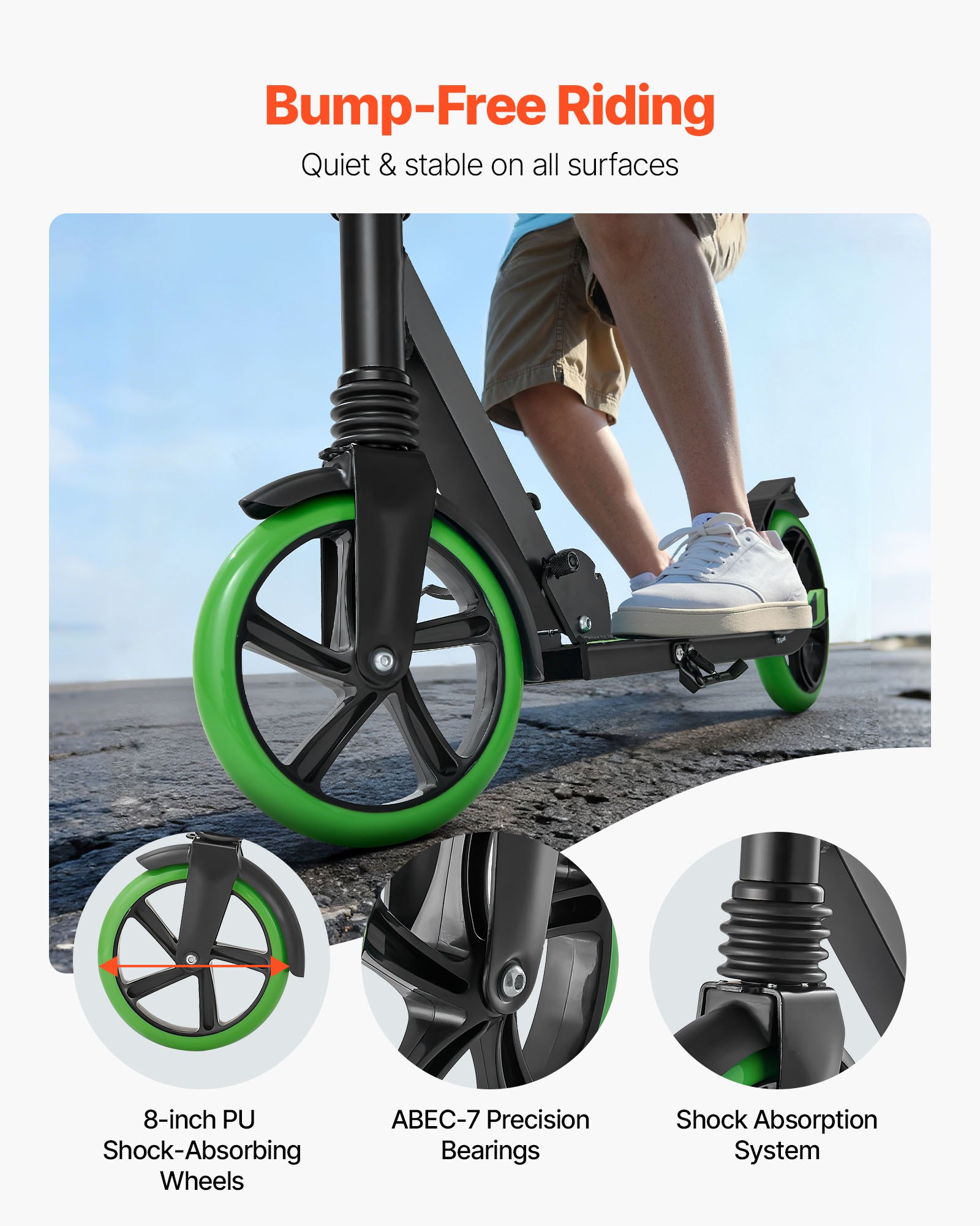 VEVOR Kick Scooter for Kids Ages 8+, Teens & Adults, 2-Wheel Toddler Scooter with Adjustable Height Handlebar, Wide Anti-Slip Deck, Foldable Lightweight for Boys & Girls up to 220 lbs, Black + Green