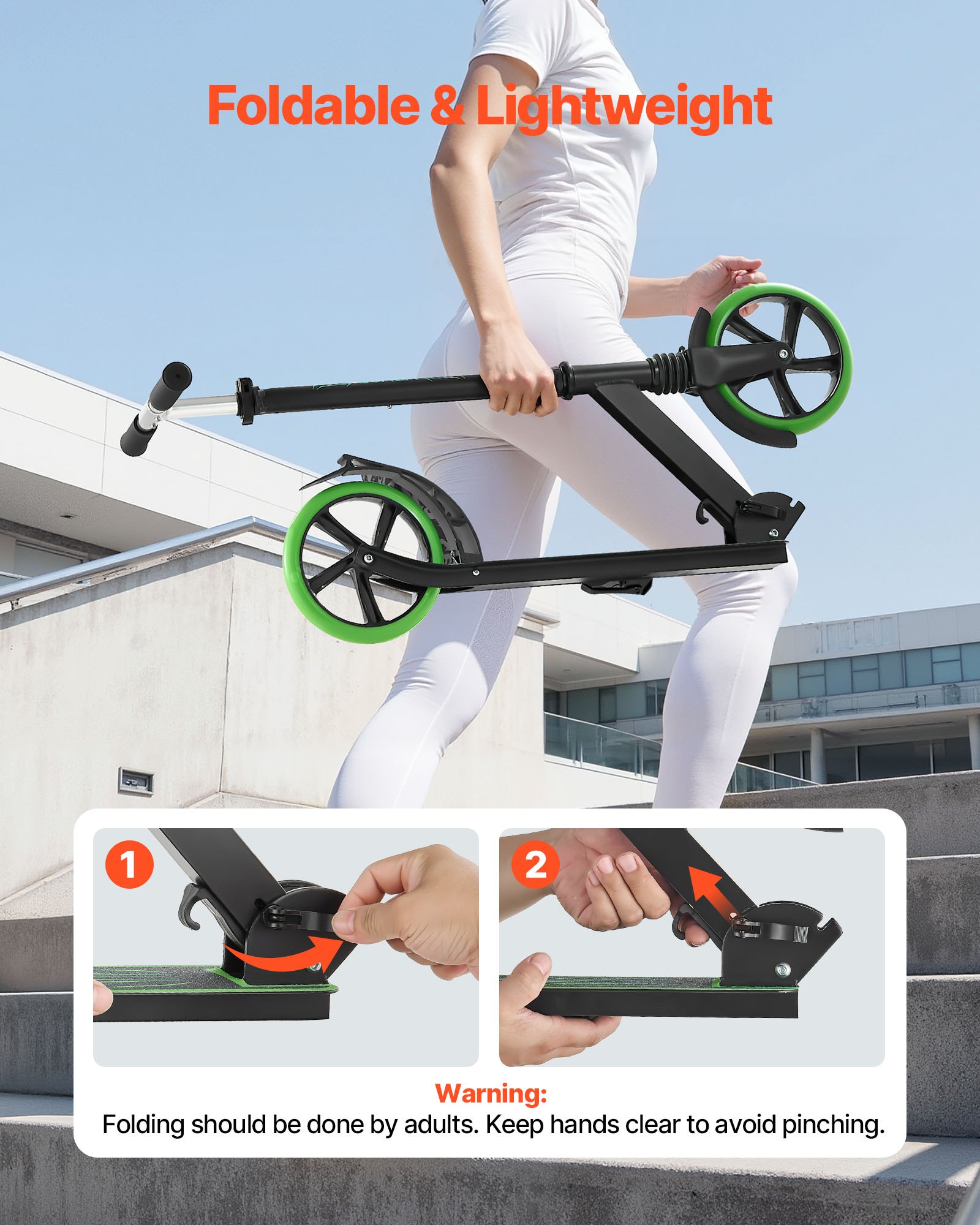 VEVOR Kick Scooter for Kids Ages 8+, Teens & Adults, 2-Wheel Toddler Scooter with Adjustable Height Handlebar, Wide Anti-Slip Deck, Foldable Lightweight for Boys & Girls up to 220 lbs, Black + Green