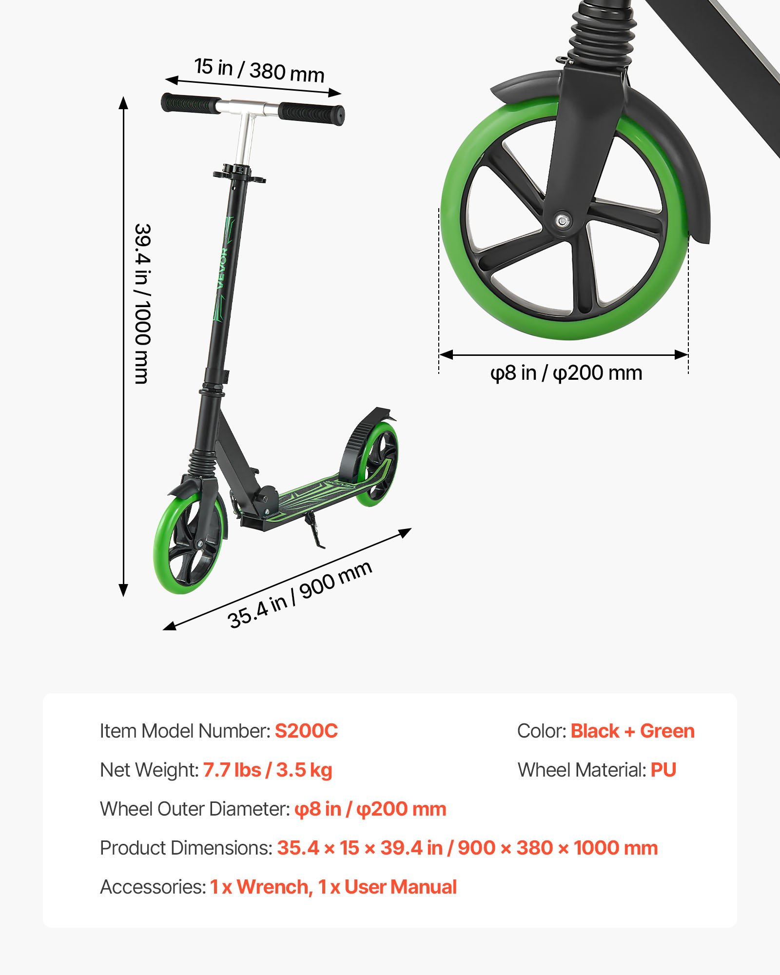 VEVOR Kick Scooter for Kids Ages 8+, Teens & Adults, 2-Wheel Toddler Scooter with Adjustable Height Handlebar, Wide Anti-Slip Deck, Foldable Lightweight for Boys & Girls up to 220 lbs, Black + Green