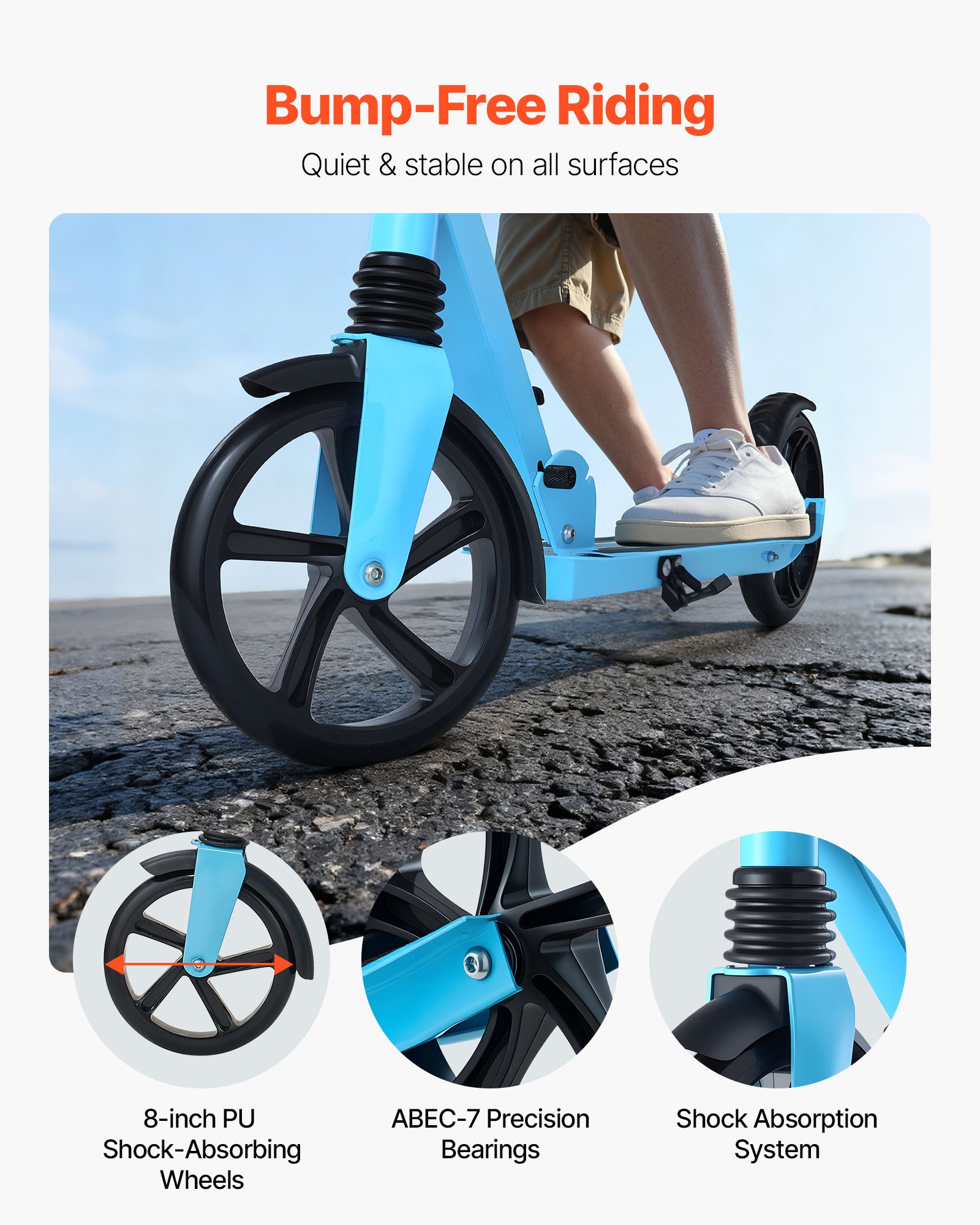VEVOR Kick Scooter for Kids Ages 8+, Teens & Adults, 2-Wheel Toddler Scooter with Adjustable Height Handlebar, Wide Anti-Slip Deck, Foldable Lightweight for Boys & Girls up to 220 lbs, Blue + Black