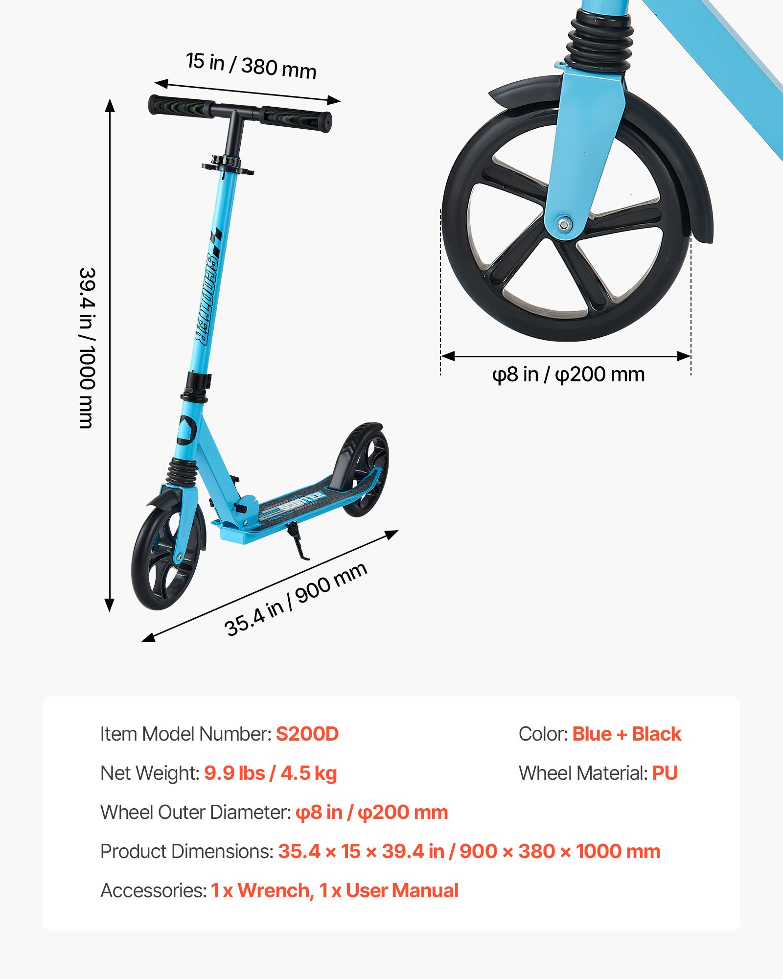 VEVOR Kick Scooter for Kids Ages 8+, Teens & Adults, 2-Wheel Toddler Scooter with Adjustable Height Handlebar, Wide Anti-Slip Deck, Foldable Lightweight for Boys & Girls up to 220 lbs, Blue + Black