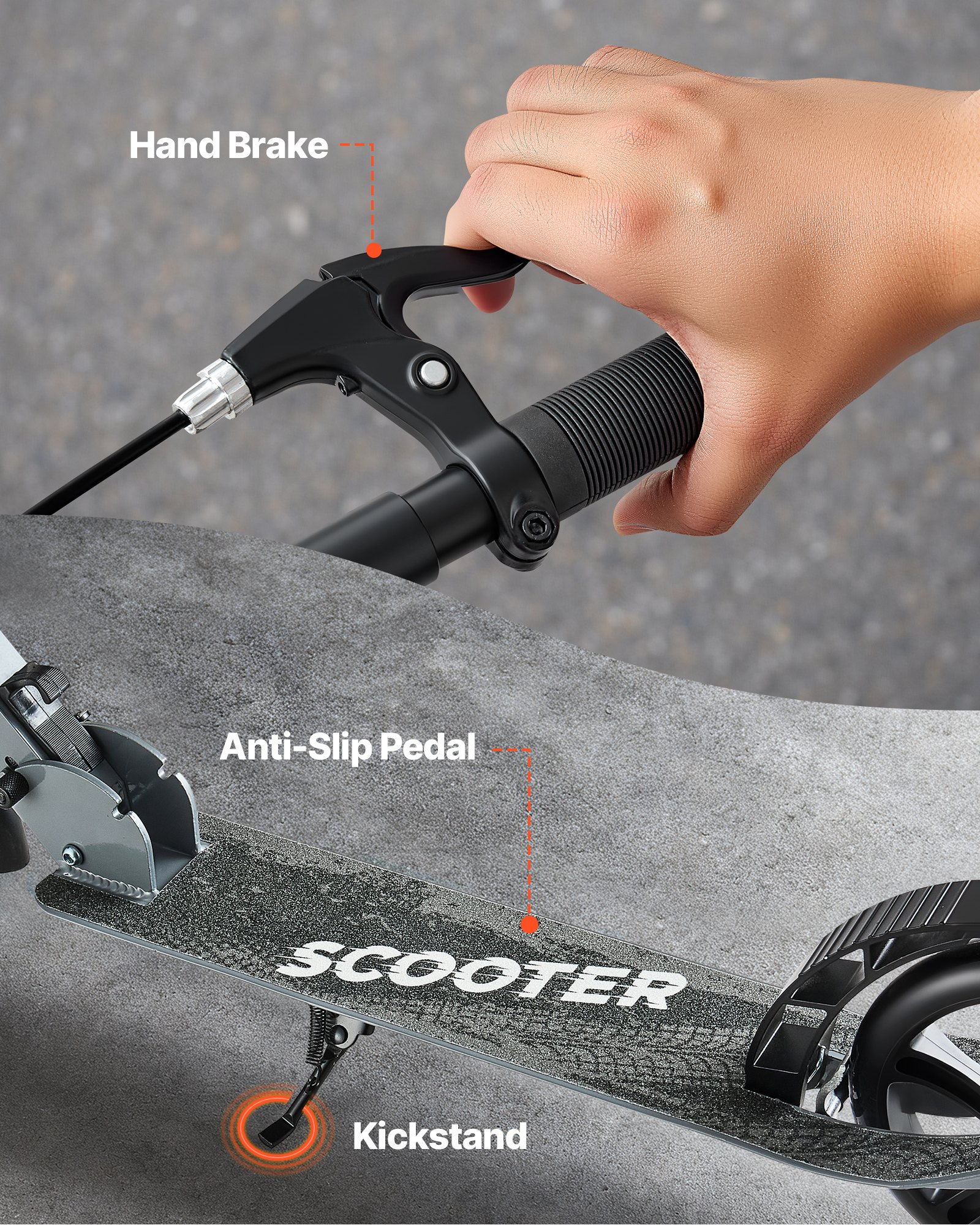 VEVOR Kick Scooter for Kids Ages 8+, Teens & Adults, 2-Wheel Toddler Scooter with Adjustable Height Handlebar, Wide Anti-Slip Deck, Foldable Lightweight Frame for Boys & Girls up to 220 lbs, Gray