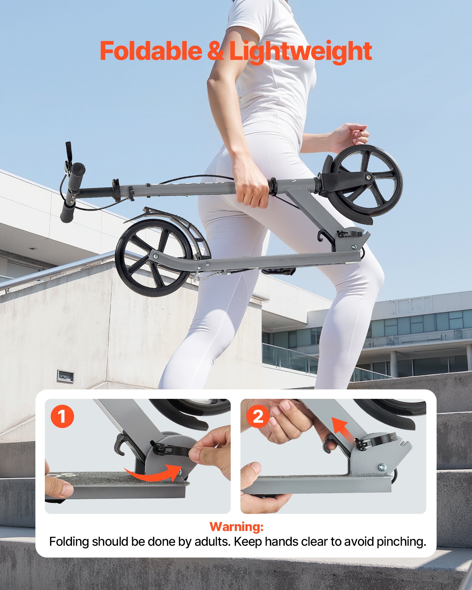 VEVOR Kick Scooter for Kids Ages 8+, Teens & Adults, 2-Wheel Toddler Scooter with Adjustable Height Handlebar, Wide Anti-Slip Deck, Foldable Lightweight Frame for Boys & Girls up to 220 lbs, Gray