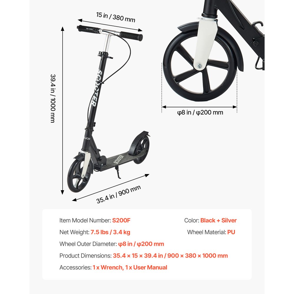 VEVOR Scooter (2 wielen) voor kinderen vanaf 8 jaar, stadsscooter, kinderscooter, straatscooter met in hoogte verstelbaar stuur, antislip deck en handrem, step tot 100 kg, zwart + zilver