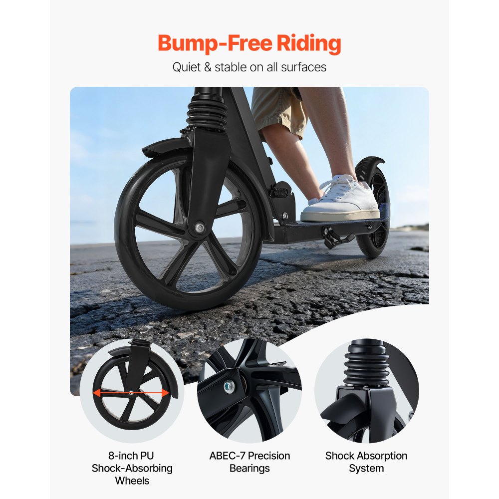 VEVOR Kick Scooter for Kids Ages 8+, Teens & Adults, 2-Wheel Toddler Scooter with Adjustable Height Handlebar, Wide Anti-Slip Deck, Foldable Lightweight for Boys & Girls up to 220 lbs, Black + Purple