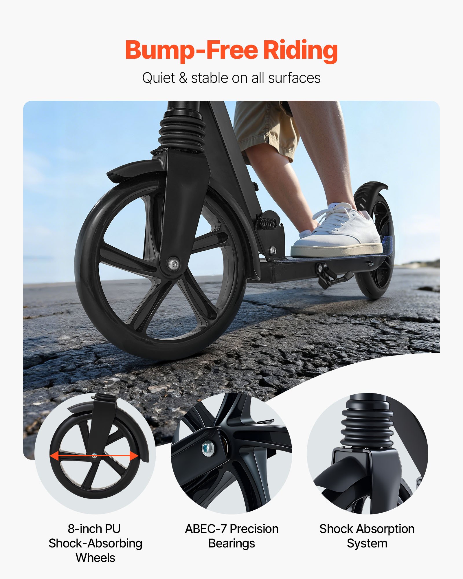 VEVOR Kick Scooter for Kids Ages 8+, Teens & Adults, 2-Wheel Toddler Scooter with Adjustable Height Handlebar, Wide Anti-Slip Deck, Foldable Lightweight for Boys & Girls up to 220 lbs, Black + Purple