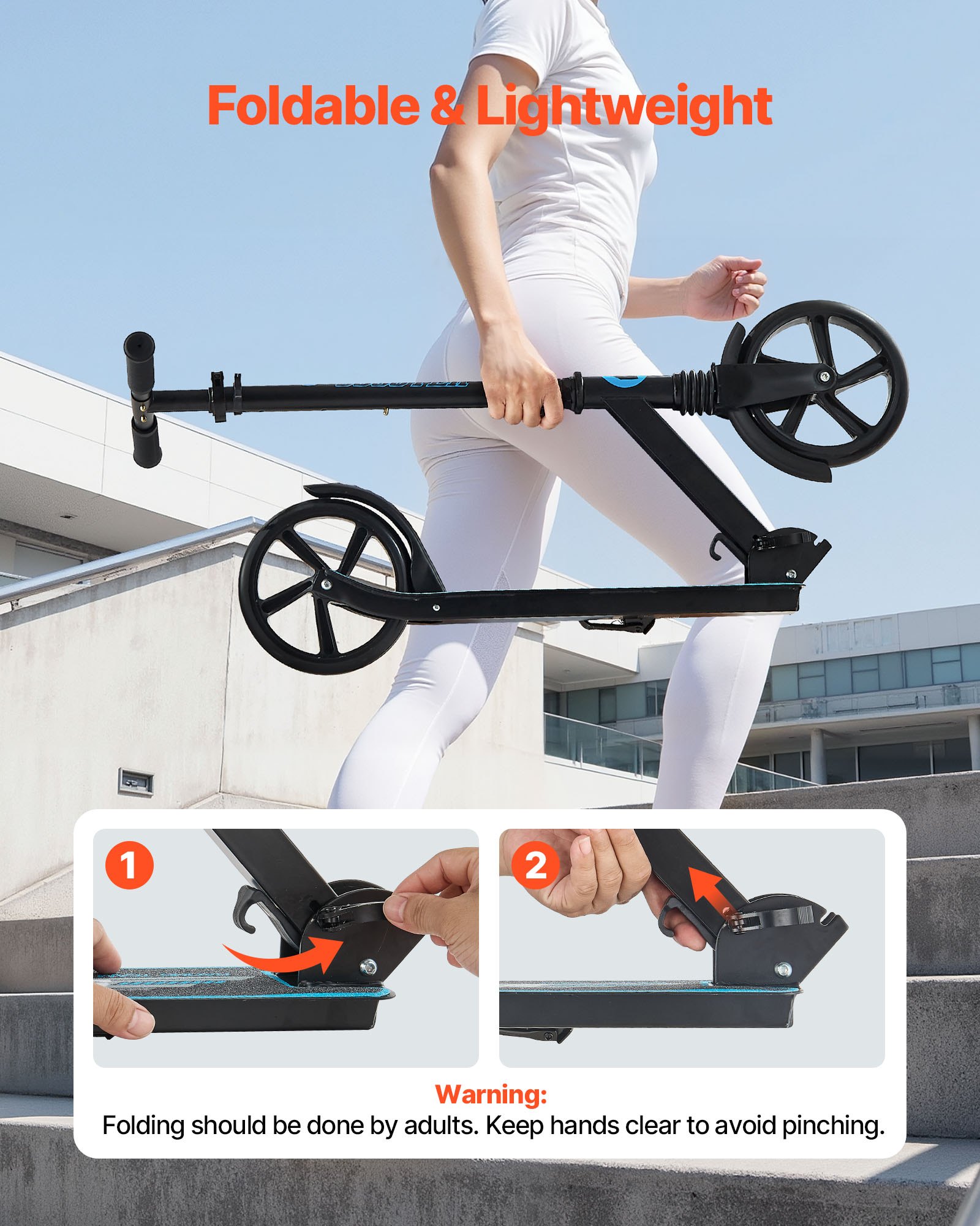 VEVOR Kick Scooter for Kids Ages 8+, Teens & Adults, 2-Wheel Toddler Scooter with Adjustable Height Handlebar, Wide Anti-Slip Deck, Foldable Lightweight for Boys & Girls up to 220 lbs, Black + Blue