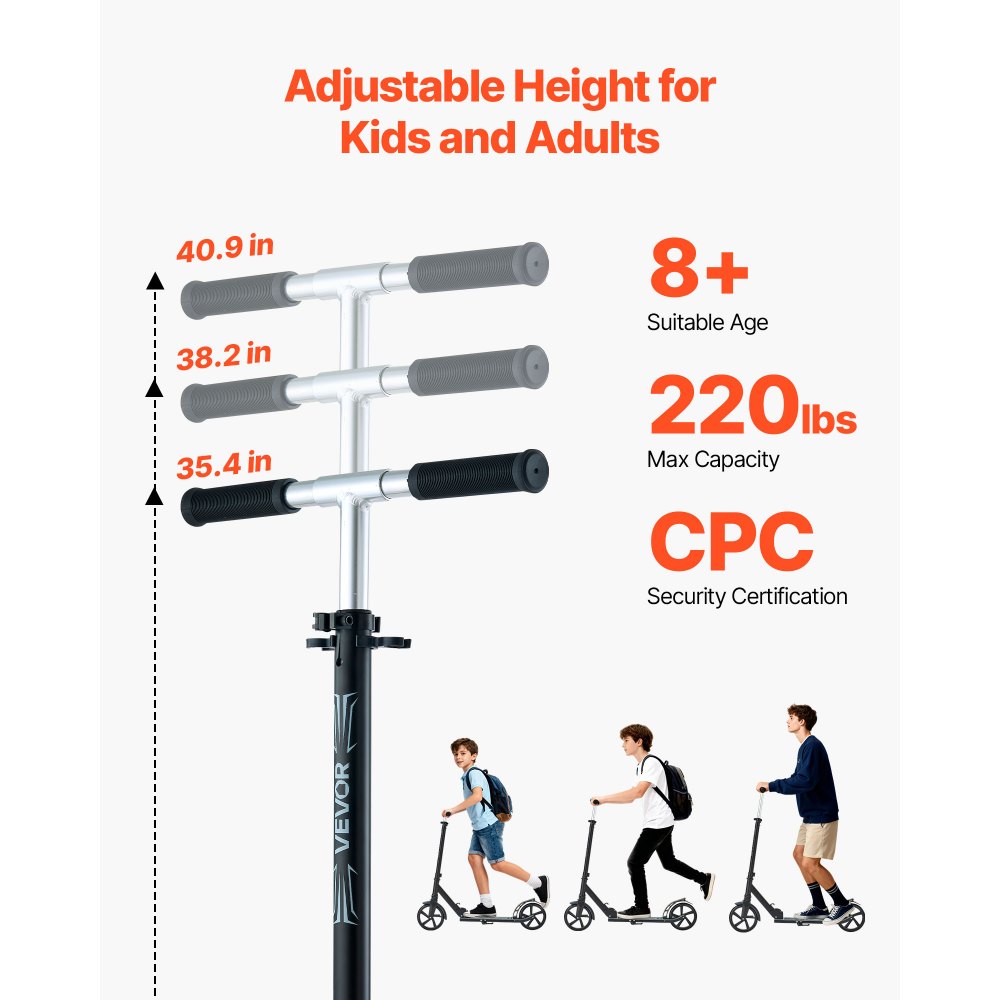 VEVOR Kick Scooter for Kids Ages 8+, Teens & Adults, 2-Wheel Toddler Scooter with Adjustable Height Handlebar, Wide Anti-Slip Deck, Foldable Lightweight Frame for Boys & Girls up to 220 lbs, Black
