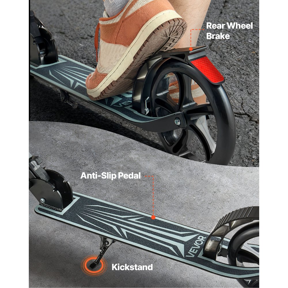 VEVOR Kick Scooter for Kids Ages 8+, Teens & Adults, 2-Wheel Toddler Scooter with Adjustable Height Handlebar, Wide Anti-Slip Deck, Foldable Lightweight Frame for Boys & Girls up to 220 lbs, Black