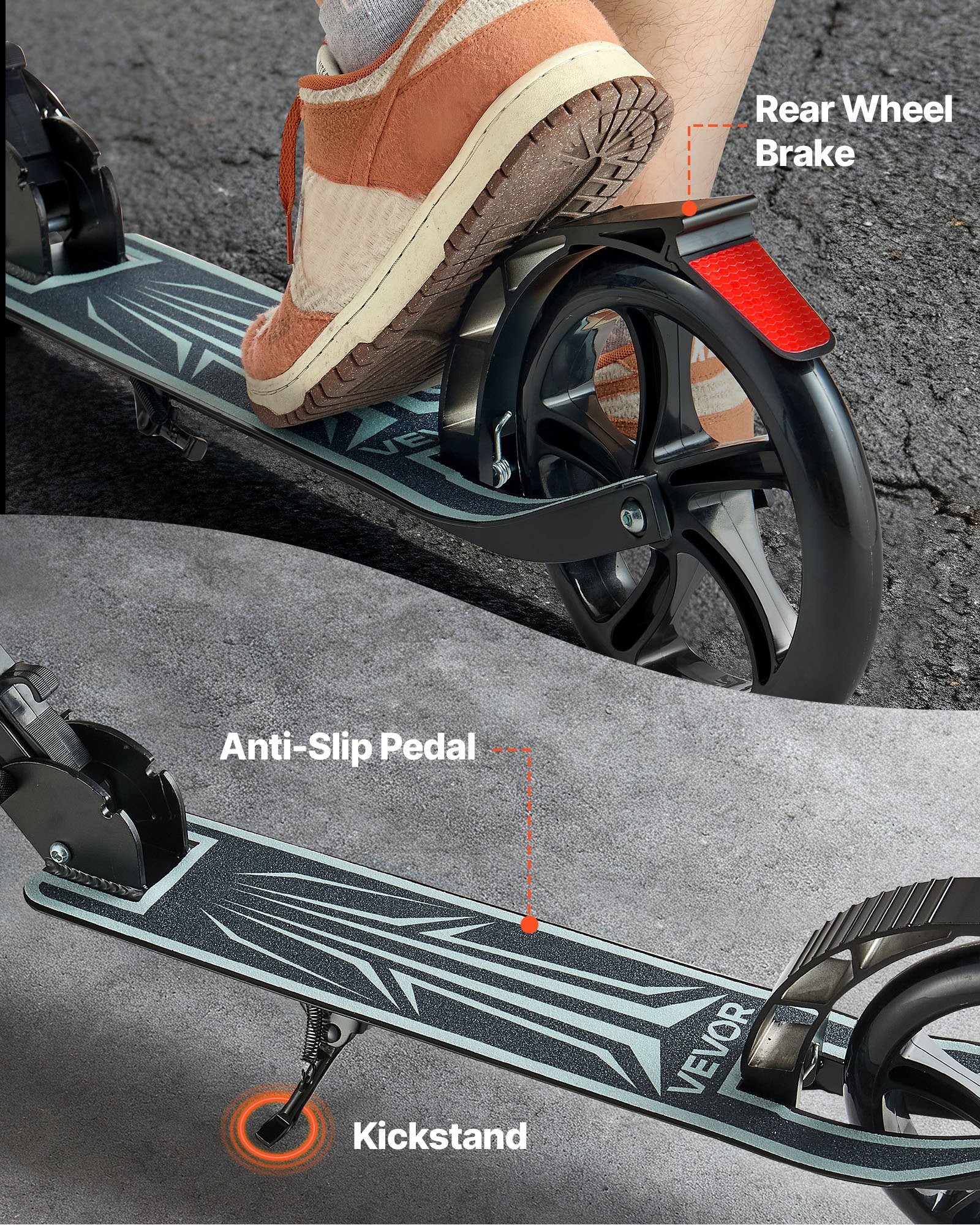 VEVOR Kick Scooter for Kids Ages 8+, Teens & Adults, 2-Wheel Toddler Scooter with Adjustable Height Handlebar, Wide Anti-Slip Deck, Foldable Lightweight Frame for Boys & Girls up to 220 lbs, Black