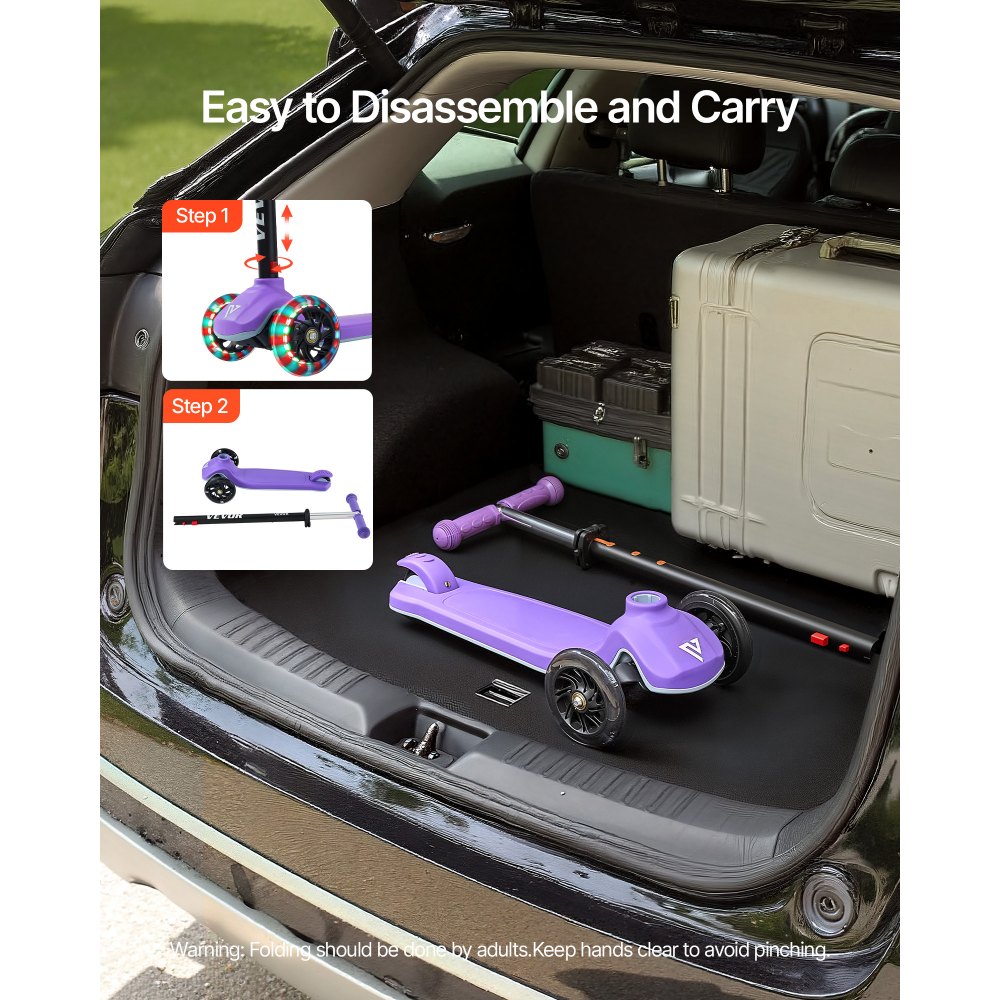 VEVOR Scooter (3 wielen) voor kinderen vanaf 3 jaar, stadsscooter voor kinderen met lichtgevende wielen, in hoogte verstelbaar stuur, antislip platform en lichtgewicht aluminium frame, step voor kinderen tot 75 kg, paars