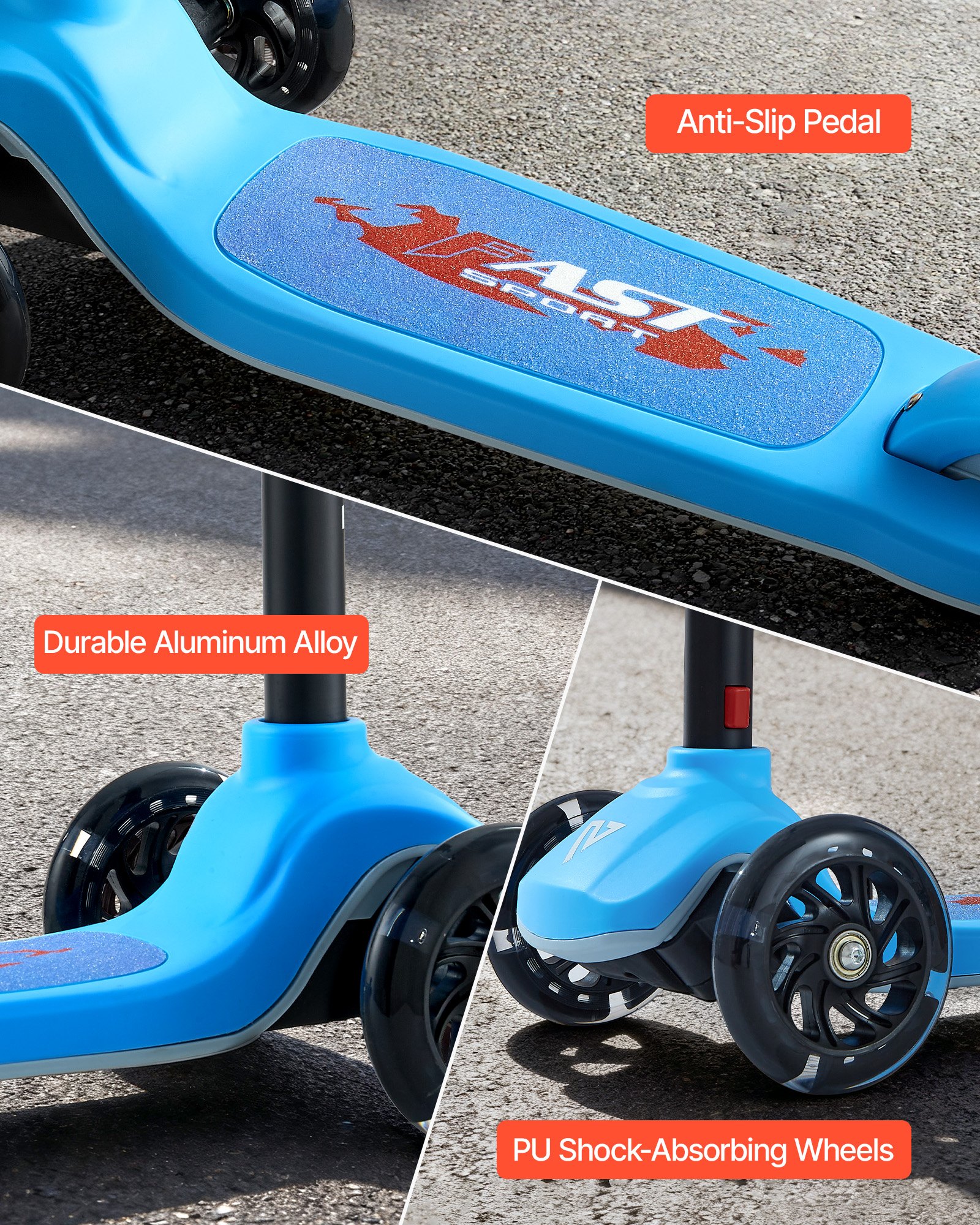 VEVOR Kick Scooter for Kids Ages 3+, 3-Wheel Toddler Scooter with Light-Up Wheels, Adjustable Height Handlebar, Wide Anti-Slip Deck, Lightweight Aluminum Frame for Boys & Girls up to 165 lbs, Blue