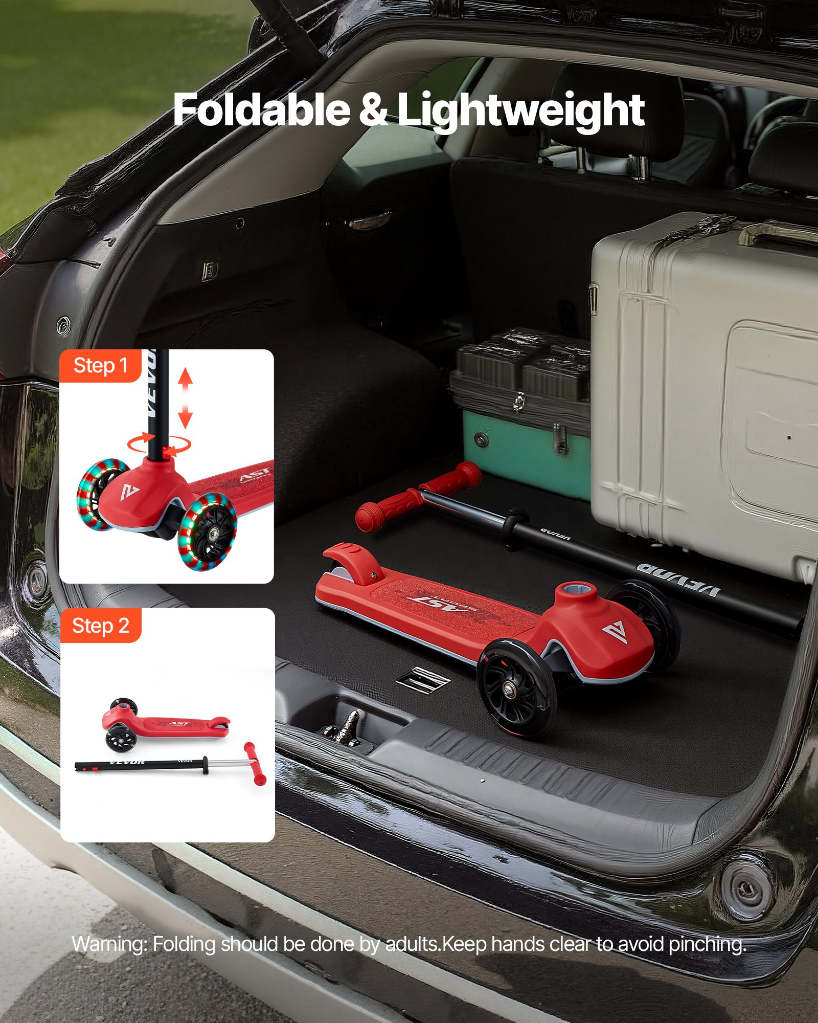 VEVOR Scooter (3 wielen) voor kinderen vanaf 3 jaar, stadsscooter voor kinderen met lichtgevende wielen, in hoogte verstelbaar stuur, antislip platform en lichtgewicht aluminium frame, step voor kinderen tot 75 kg, rood