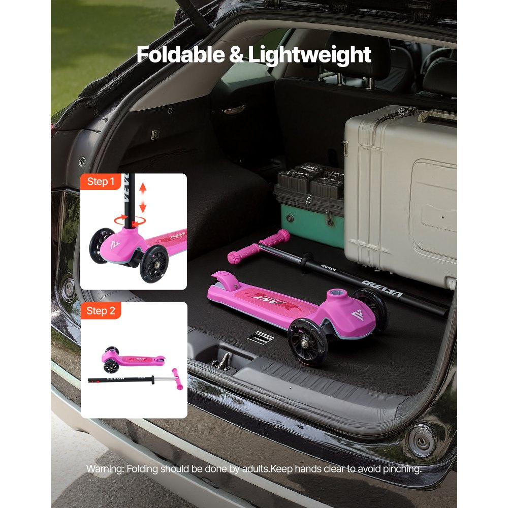 VEVOR Scooter (3 wielen) voor kinderen vanaf 3 jaar, stadsscooter voor kinderen met lichtgevende wielen, in hoogte verstelbaar stuur, antislip platform en lichtgewicht aluminium frame, step voor kinderen tot 75 kg, roze