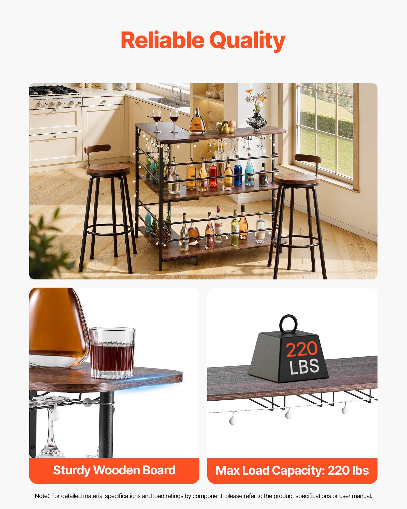 VEVOR L-vormige thuisbar met opbergruimte, 3-laags bartafel met wijnglazenhouder, draagvermogen 99,8 kg, hoekbartafel van bewerkt hout voor thuis, keuken, woonkamer, kelder, bartafel 1200 x 900 x 1095 mm