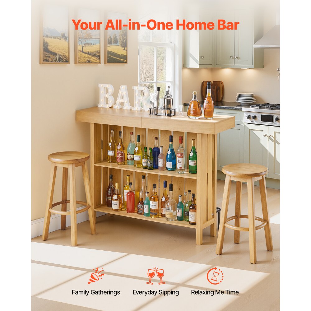 VEVOR 3-laags thuisbar, houten barblad met voetensteun en flesopenerhouder, moderne bar met ruime opbergruimte voor woonkamer en kelder, draagvermogen tot 81,6 kg, 1400 x 398 x 1055 mm