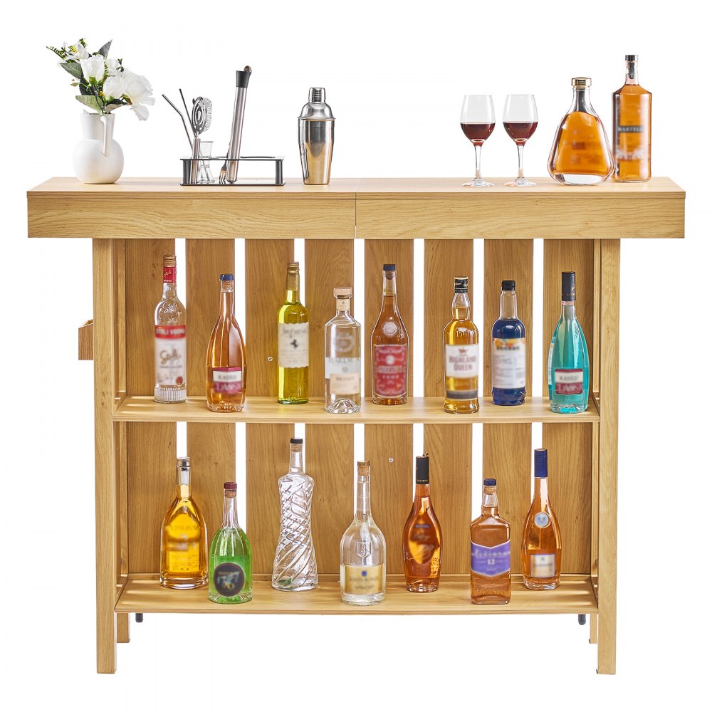 VEVOR 3-laags thuisbar, houten barblad met voetensteun en flesopenerhouder, moderne bar met ruime opbergruimte voor woonkamer en kelder, draagvermogen tot 81,6 kg, 1400 x 398 x 1055 mm