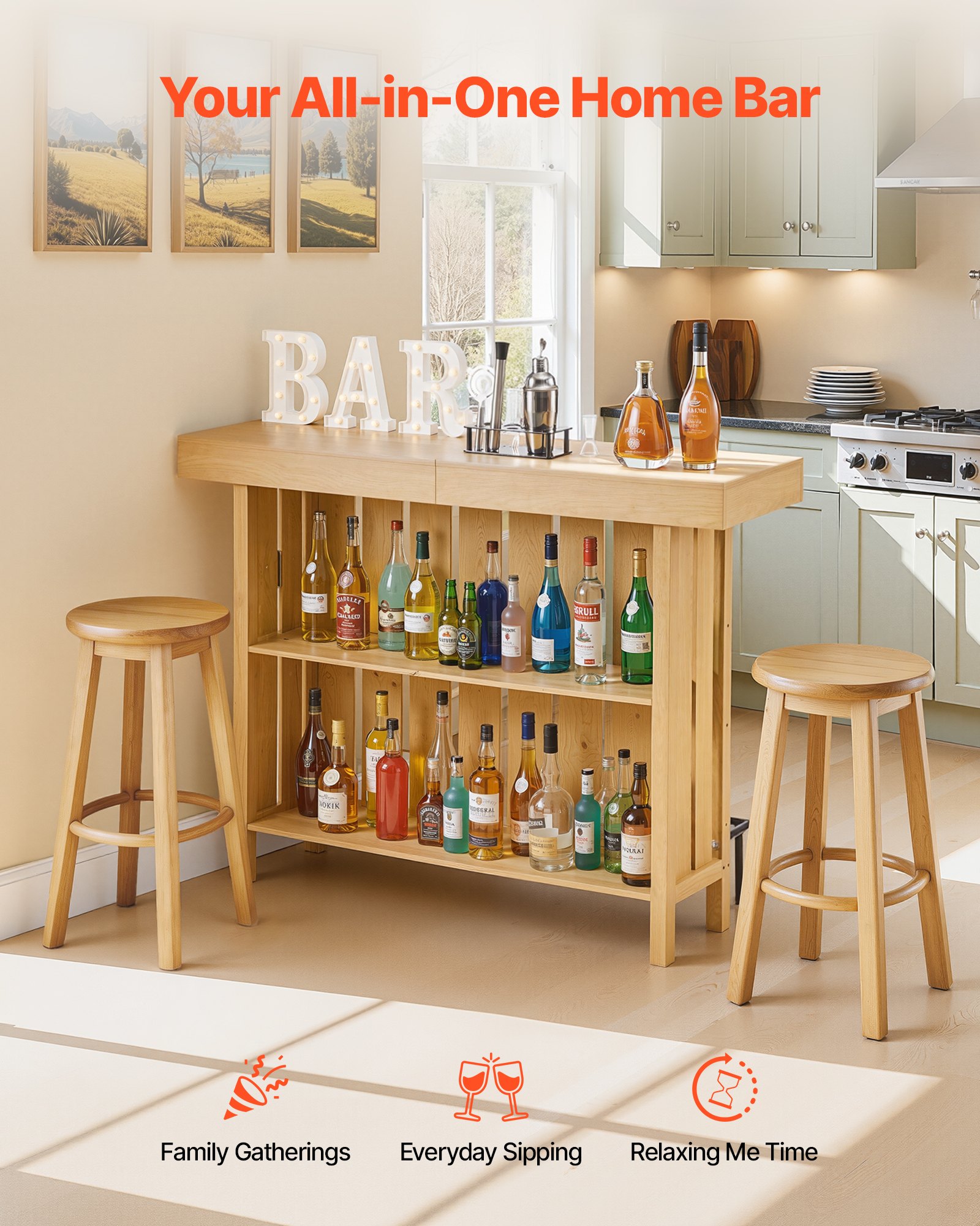 VEVOR 3-laags thuisbar, houten barblad met voetensteun en flesopenerhouder, moderne bar met ruime opbergruimte voor woonkamer en kelder, draagvermogen tot 81,6 kg, 1400 x 398 x 1055 mm