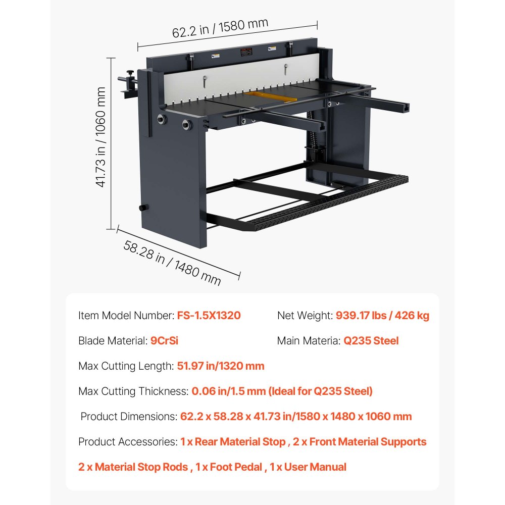 VEVOR plaatschaar, 1320 mm metaalschaar, met stalen frame, instelbare mesafstand, materiaalstops, voetpedaalbediening voor het knippen van staal, koper, wapeningsstaal en aluminium
