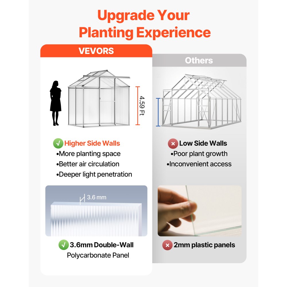 VEVOR Polycarbonate Greenhouse, 6 x 4 Ft, Outdoor Greenhouse with Adjustable Vent Windows, Pavilion Styled Greenhouse with Sliding Door, Aluminum Large Walk-in Greenhouse Kit for Garden Backyard